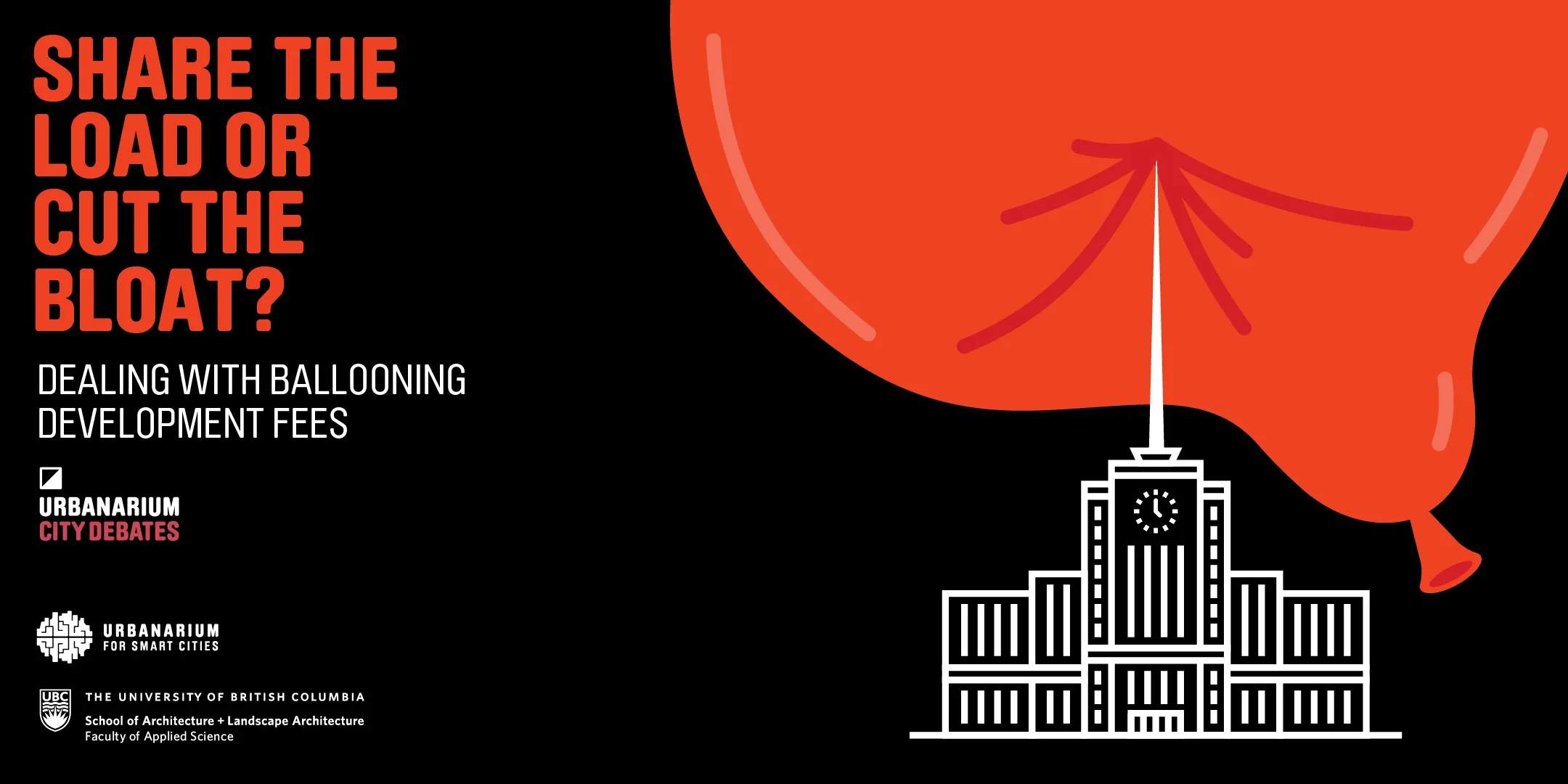 Black civic poster reads “Share the load or cut the bloat?” A red balloon lifts city hall, satirizing ballooning development fees.